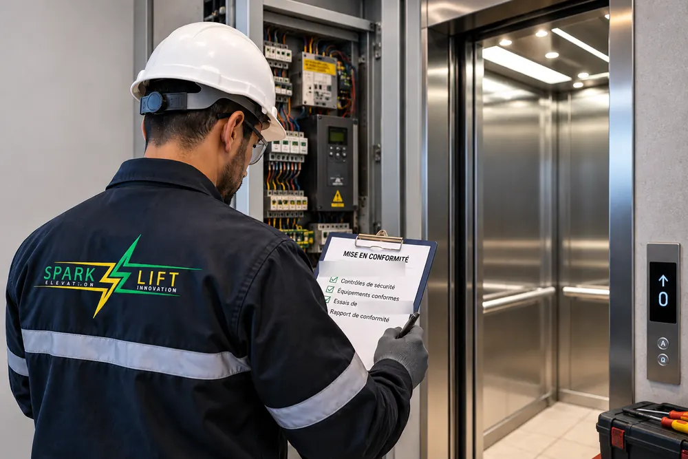 Technicien Spark Lift vérifiant la mise en conformité d'un ascenseur, armoire de commande ouverte et check-list de contrôle
