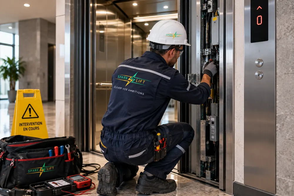 Technicien Spark Lift intervenant en urgence sur la porte et le mécanisme d'un ascenseur, zone d'intervention signalée