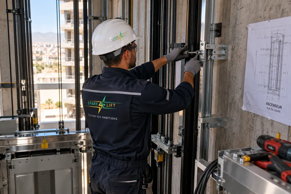 Technicien Spark Lift lors de l'installation d'un ascenseur neuf dans une gaine en construction