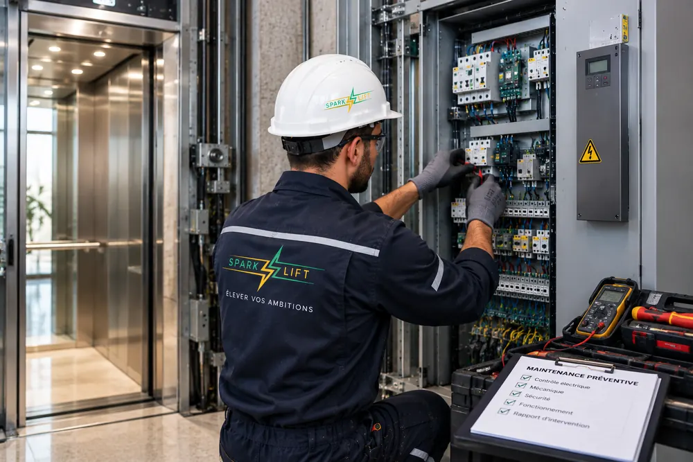 Technicien Spark Lift effectuant la maintenance préventive d'un ascenseur, intervention sur l'armoire électrique de commande